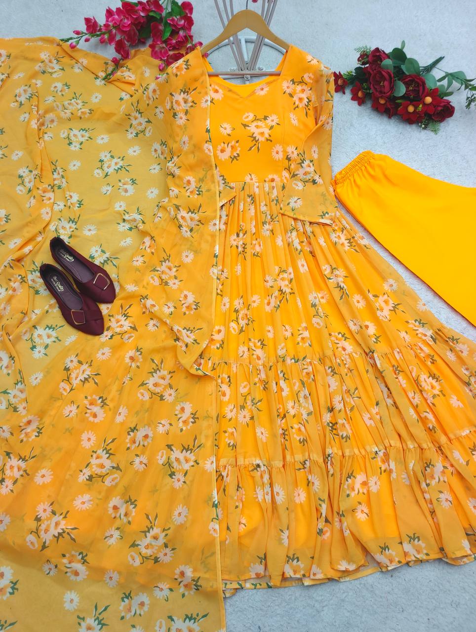 Admiring Digital Print Yellow Color Ruffle Style Gown