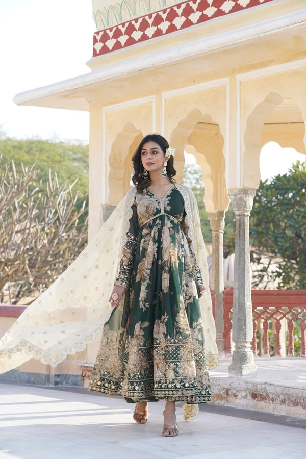Marvelous Embroidery Work  Digital Print Green Gown