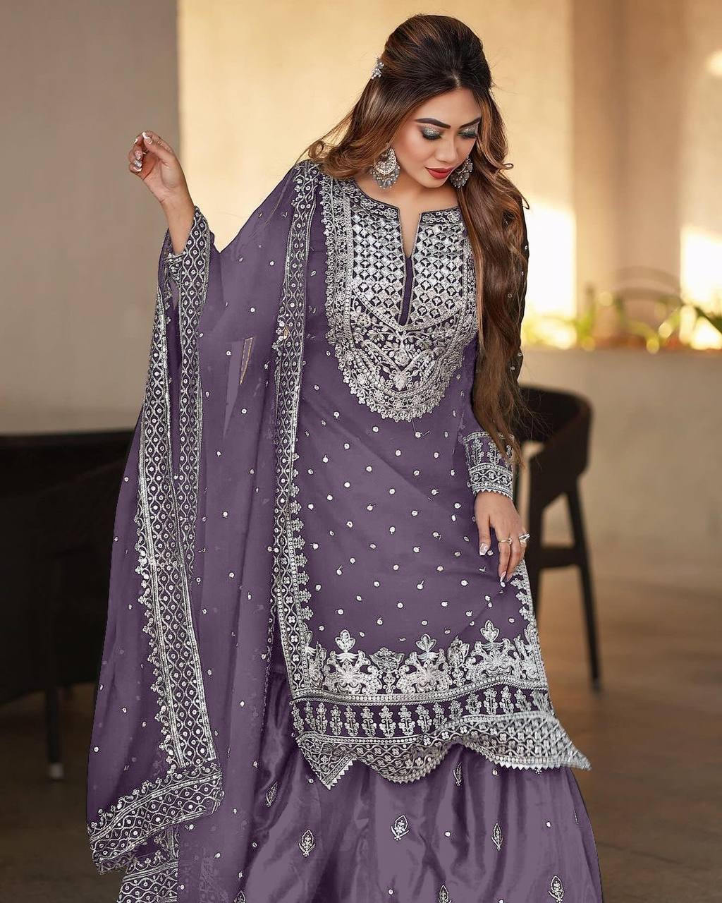 Stylish Lavender Color Sharara Suit With Shining Work