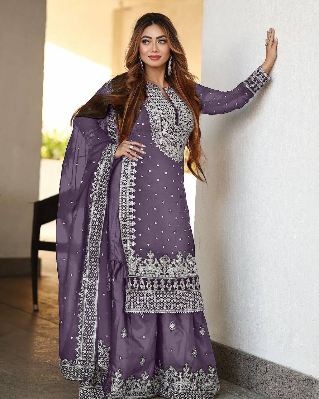 Stylish Lavender Color Sharara Suit With Shining Work