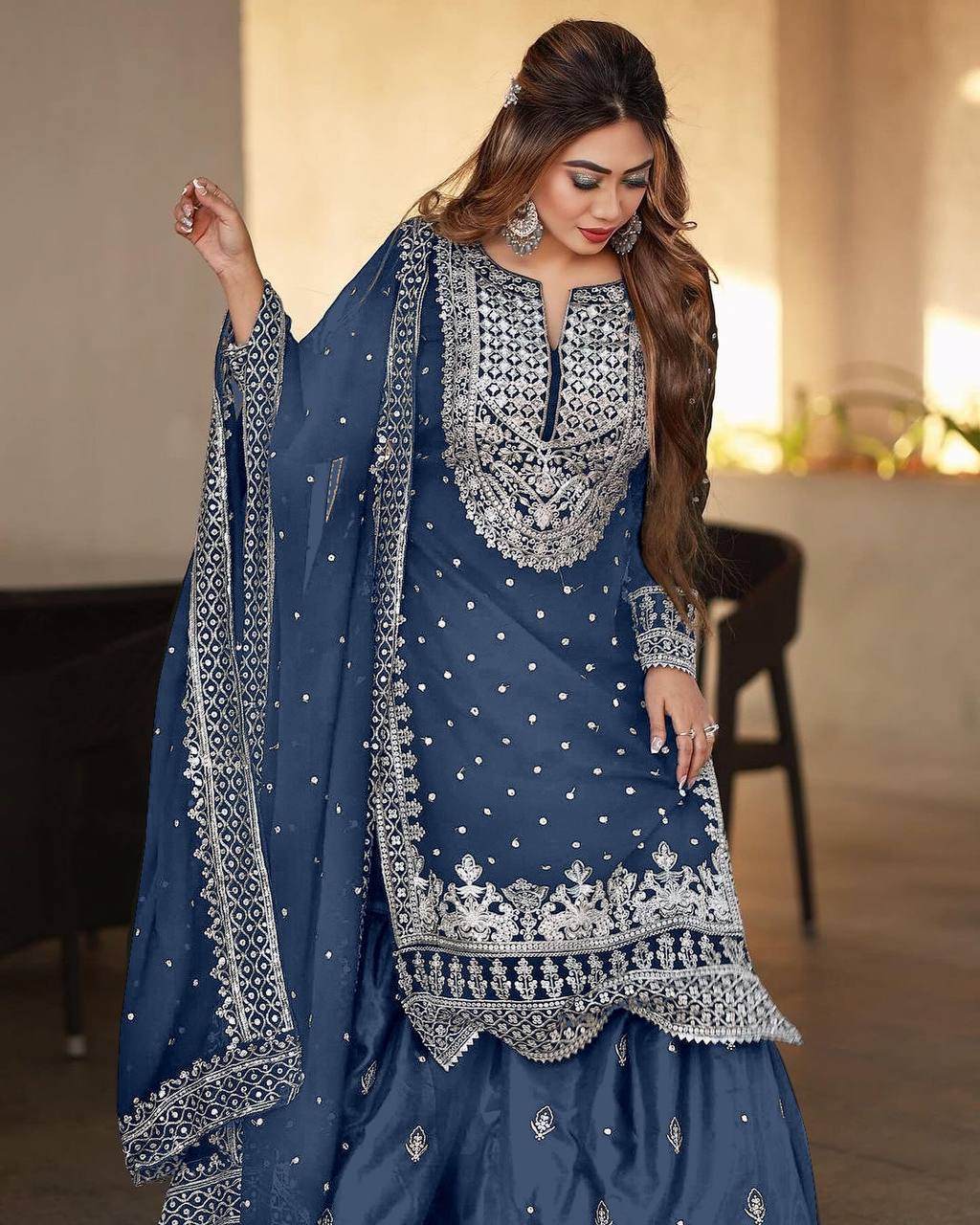 Stylish Blue Color Sharara Suit With Shining Work