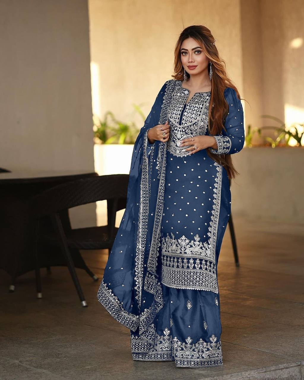 Stylish Blue Color Sharara Suit With Shining Work