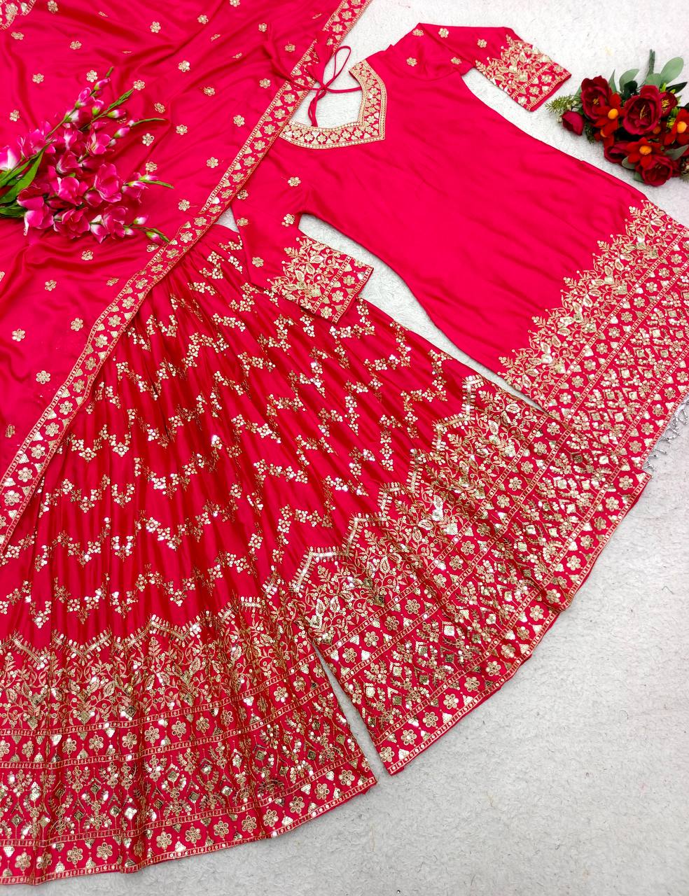 Glorious Pink Color Sequence Embroidery Work Sharara Suit