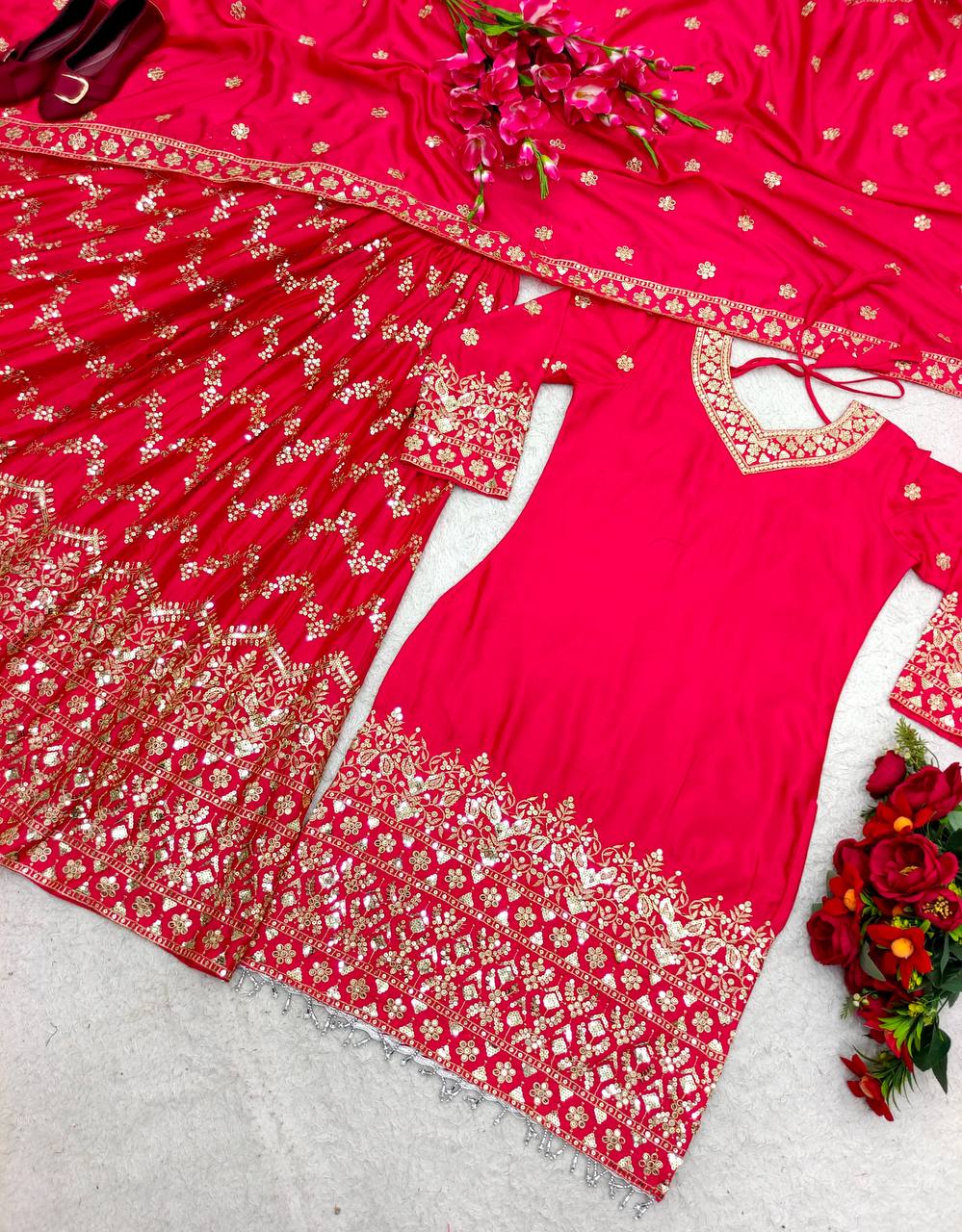 Glorious Pink Color Sequence Embroidery Work Sharara Suit