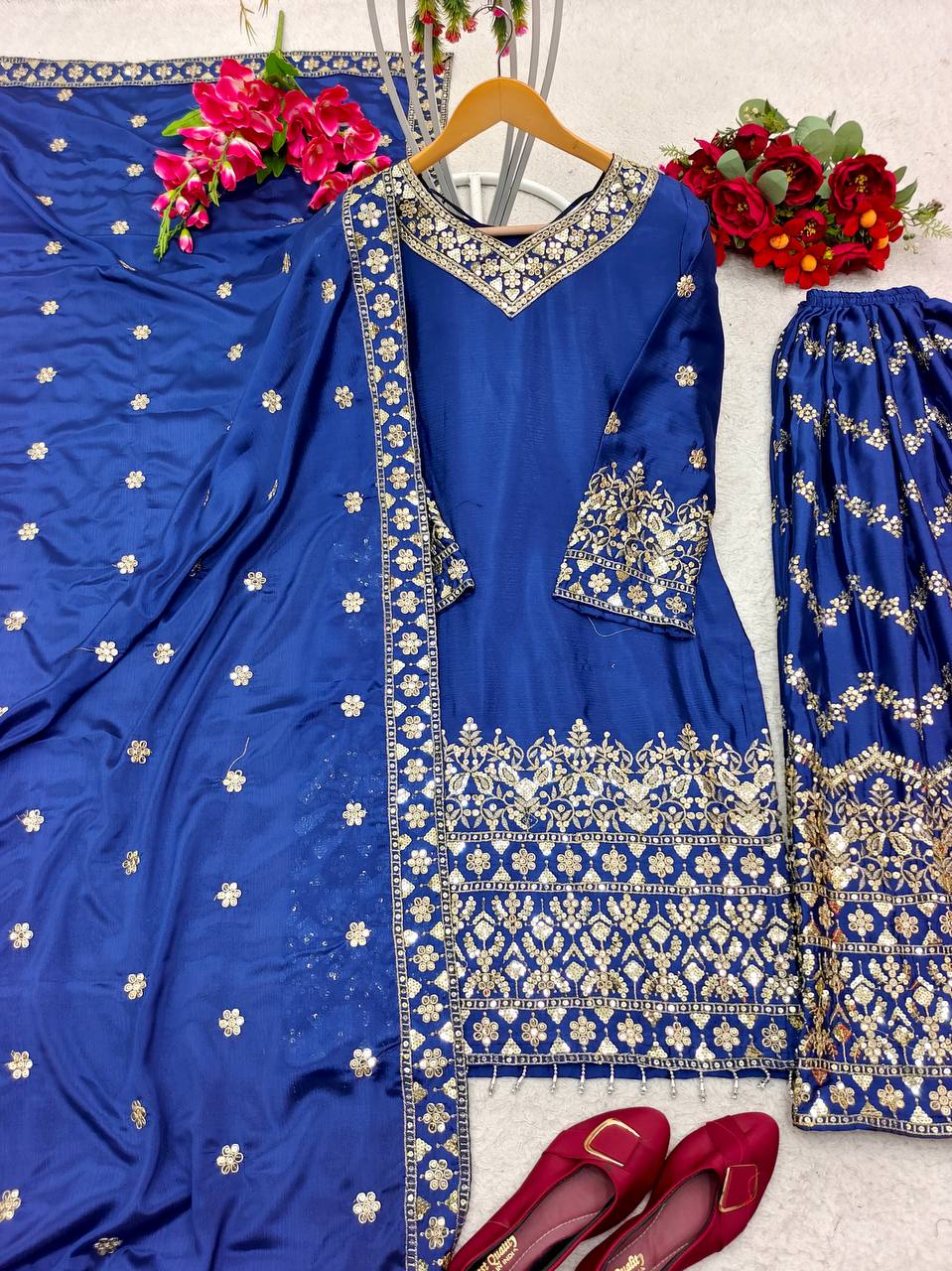 Glorious Blue Color Sequence Embroidery Work Sharara Suit
