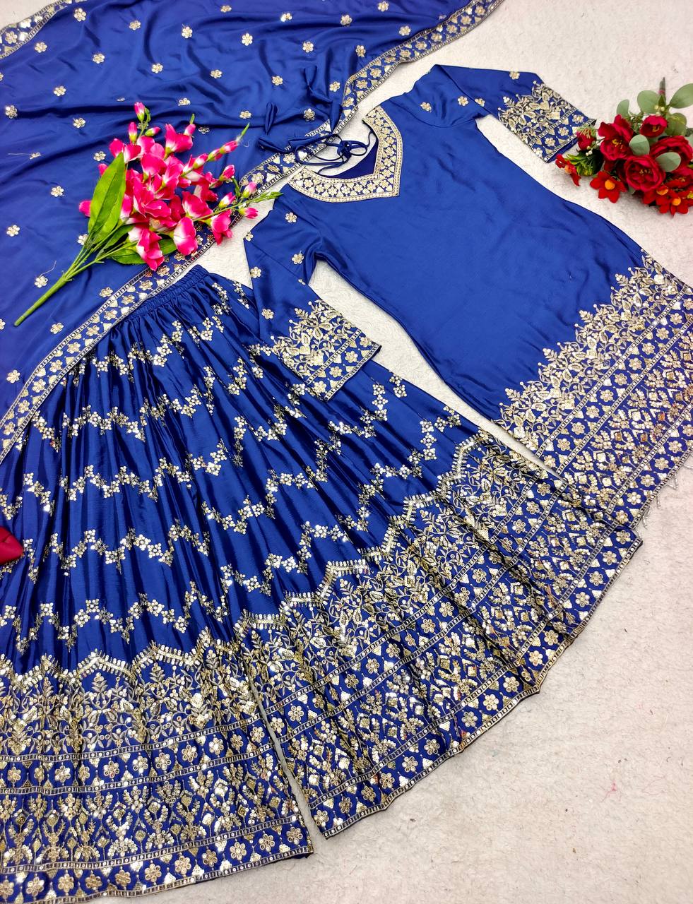Glorious Blue Color Sequence Embroidery Work Sharara Suit