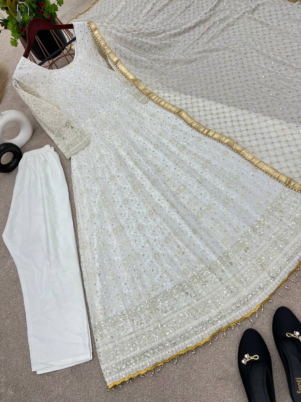 Delightful Embroidery Work White Color Gown