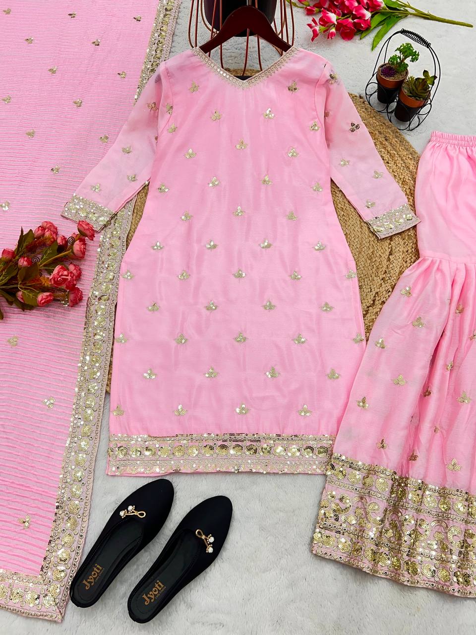 Light Pink Color Embroidery Work Exclusive Sharara Suit