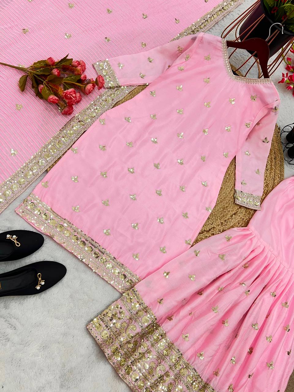 Light Pink Color Embroidery Work Exclusive Sharara Suit