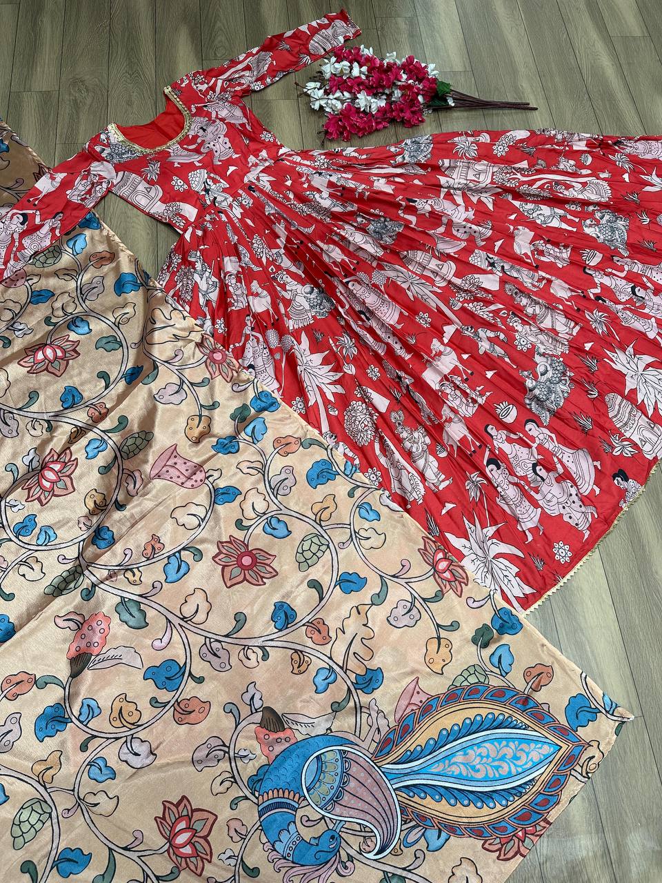 Beautiful Print Red Color Gown With Dupatta