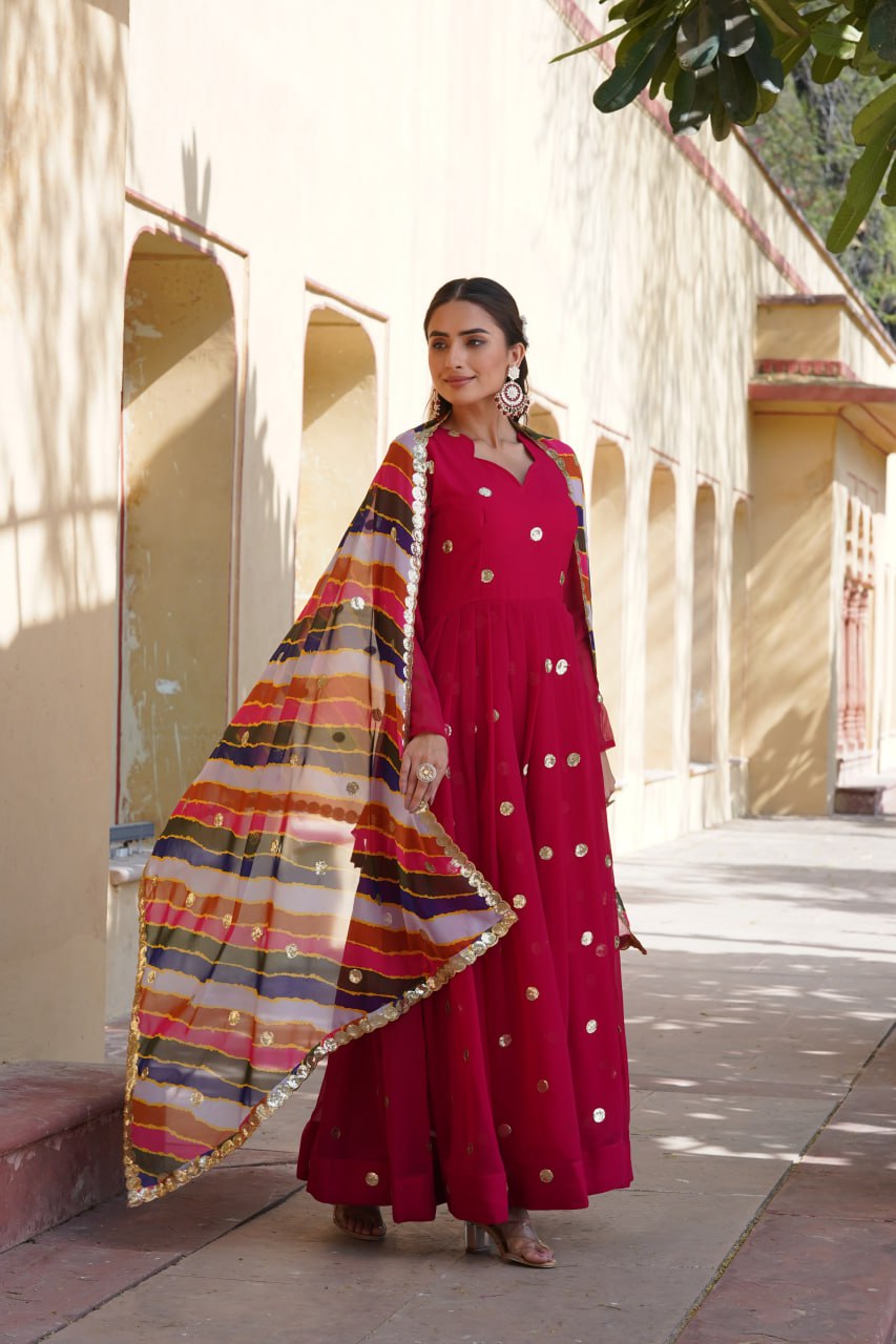 Trendy Pink Color Sequence Work Gown With Leheriya Dupatta