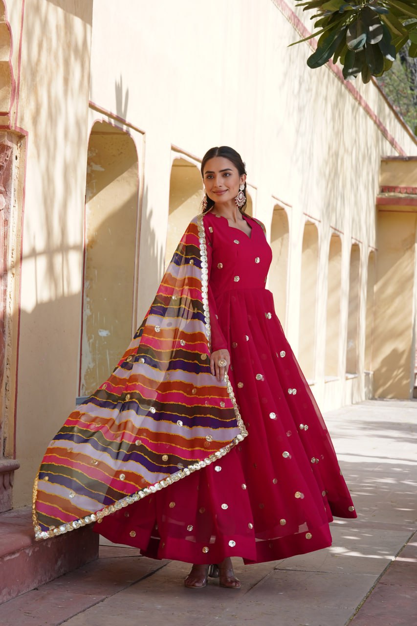 Trendy Pink Color Sequence Work Gown With Leheriya Dupatta