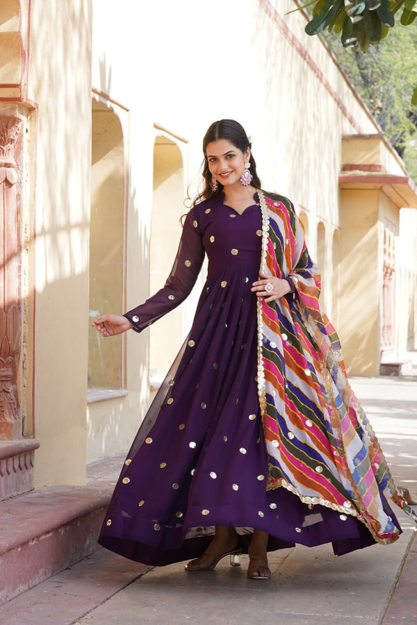 Trendy Purple Color Sequence Work Gown With Leheriya Dupatta