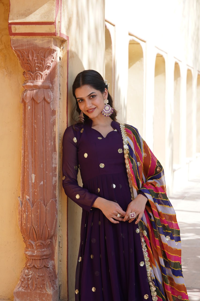 Trendy Purple Color Sequence Work Gown With Leheriya Dupatta