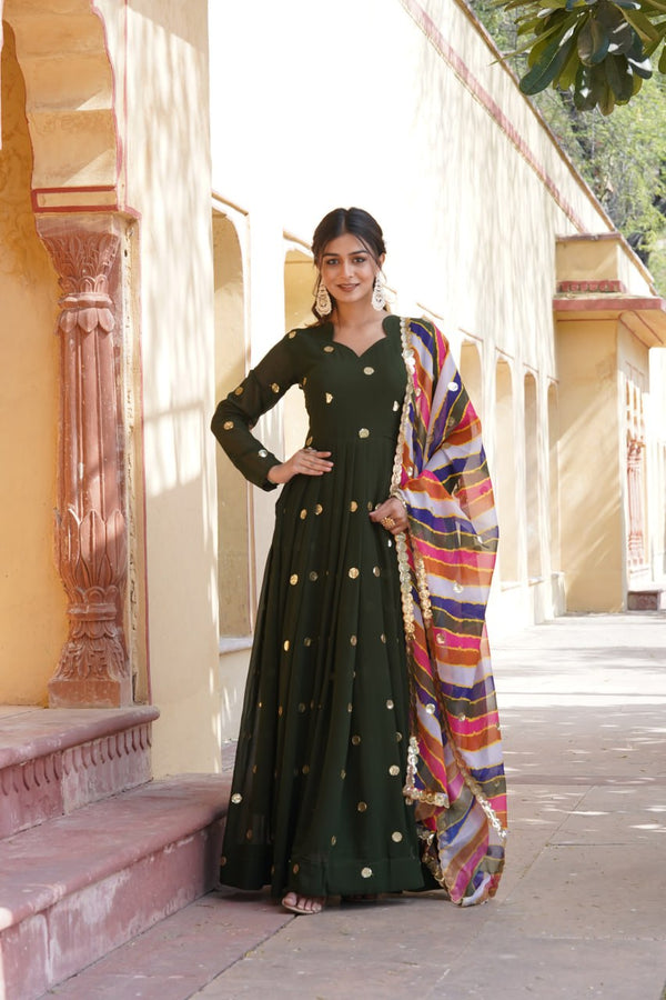 Trendy Green Color Sequence Work Gown With Leheriya Dupatta