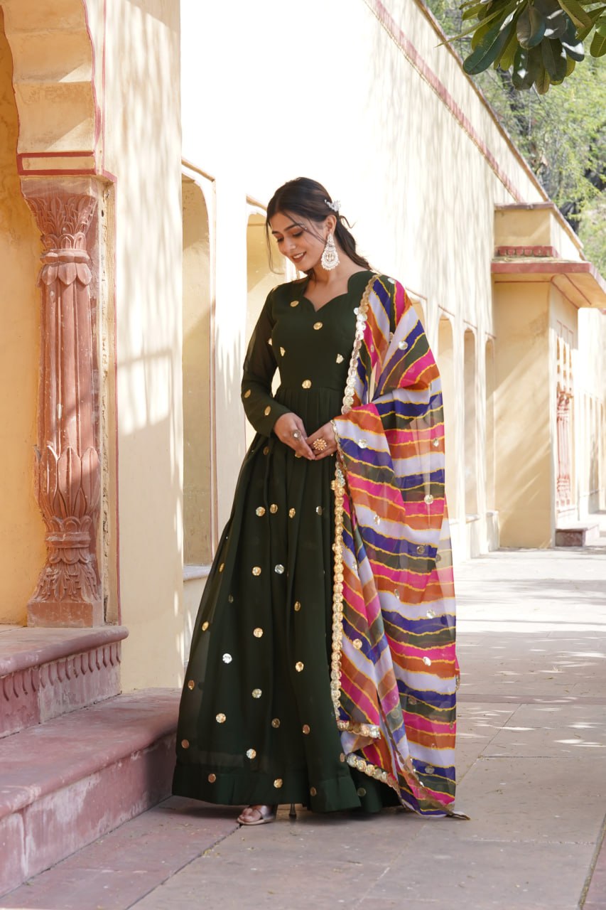 Trendy Green Color Sequence Work Gown With Leheriya Dupatta
