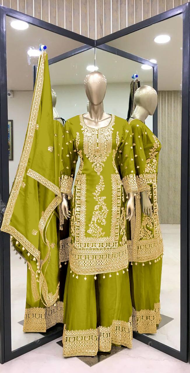 Awesome Parrot Green Color Embroidery Work Palazzo Suit