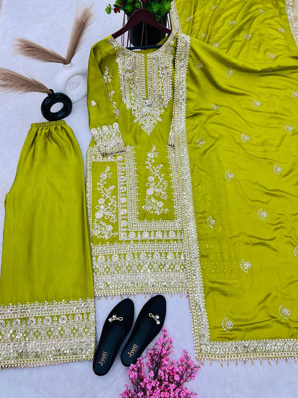 Awesome Parrot Green Color Embroidery Work Palazzo Suit
