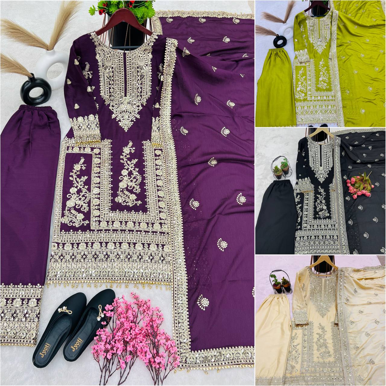 Awesome Wine Color Embroidery Work Palazzo Suit