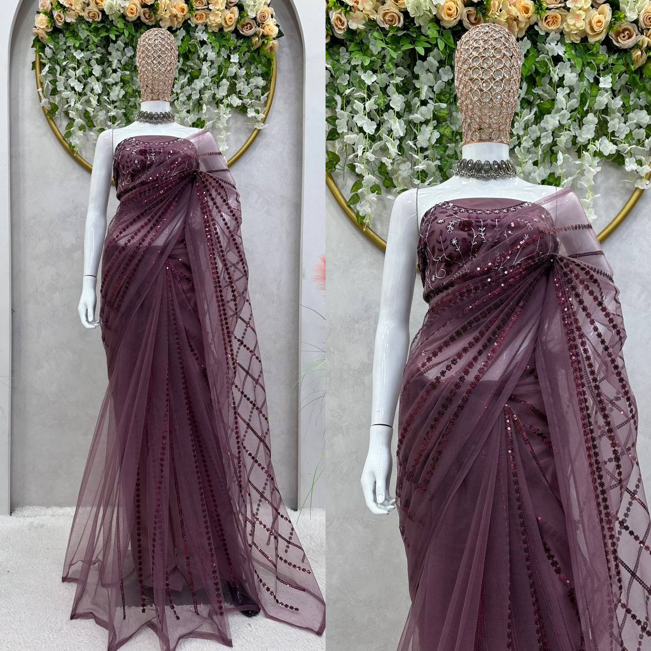 Dazzling Dusty Pink Color Sequence Work Net Saree