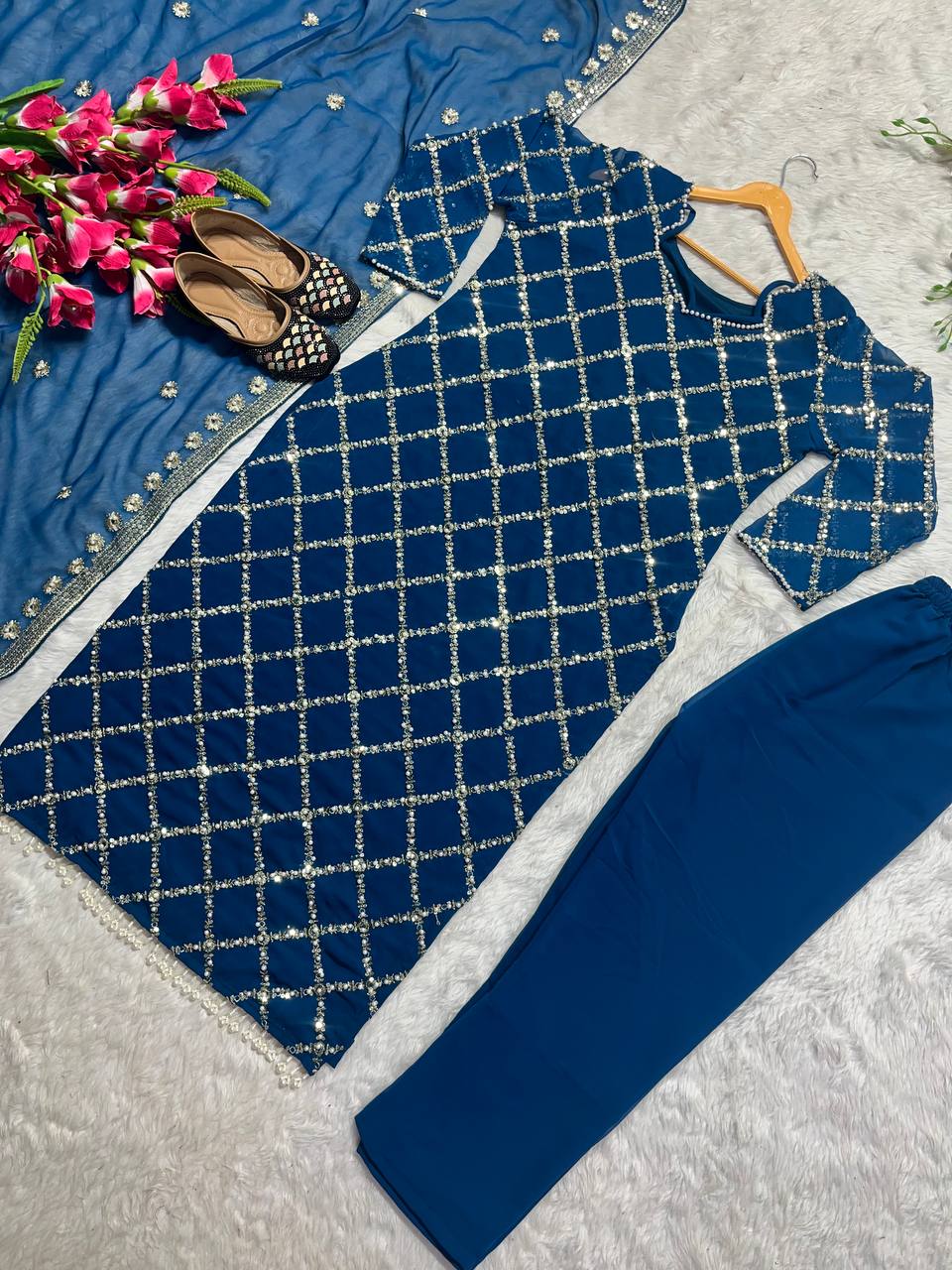 Innovative Work Blue Salwar Suit With Dupatta
