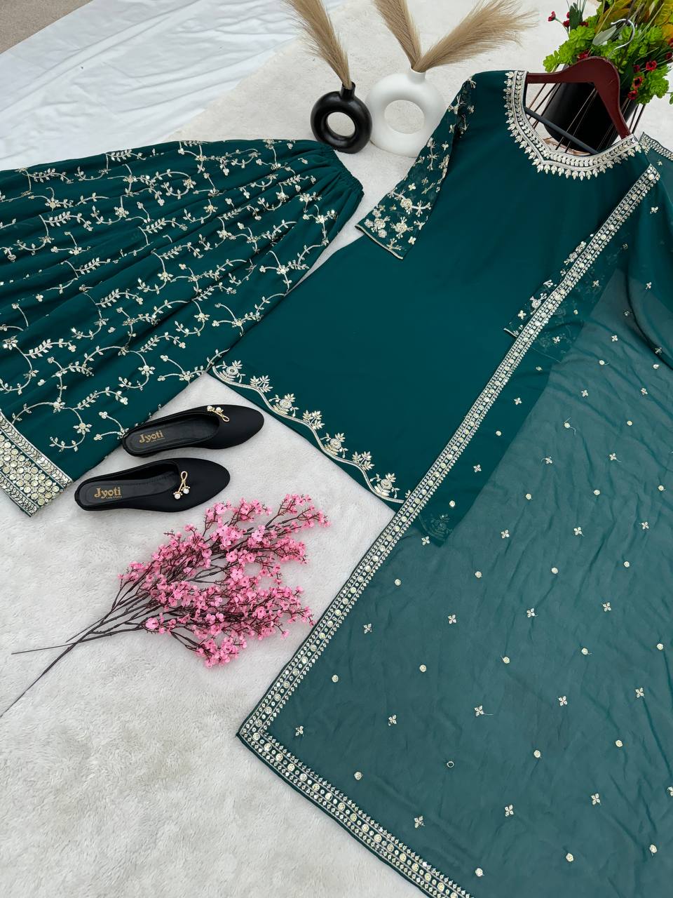 Imposing Embroidery Work Teal Green Sharara Suit