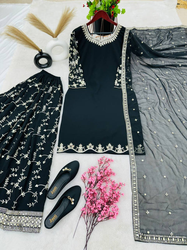 Imposing Embroidery Work Black Sharara Suit