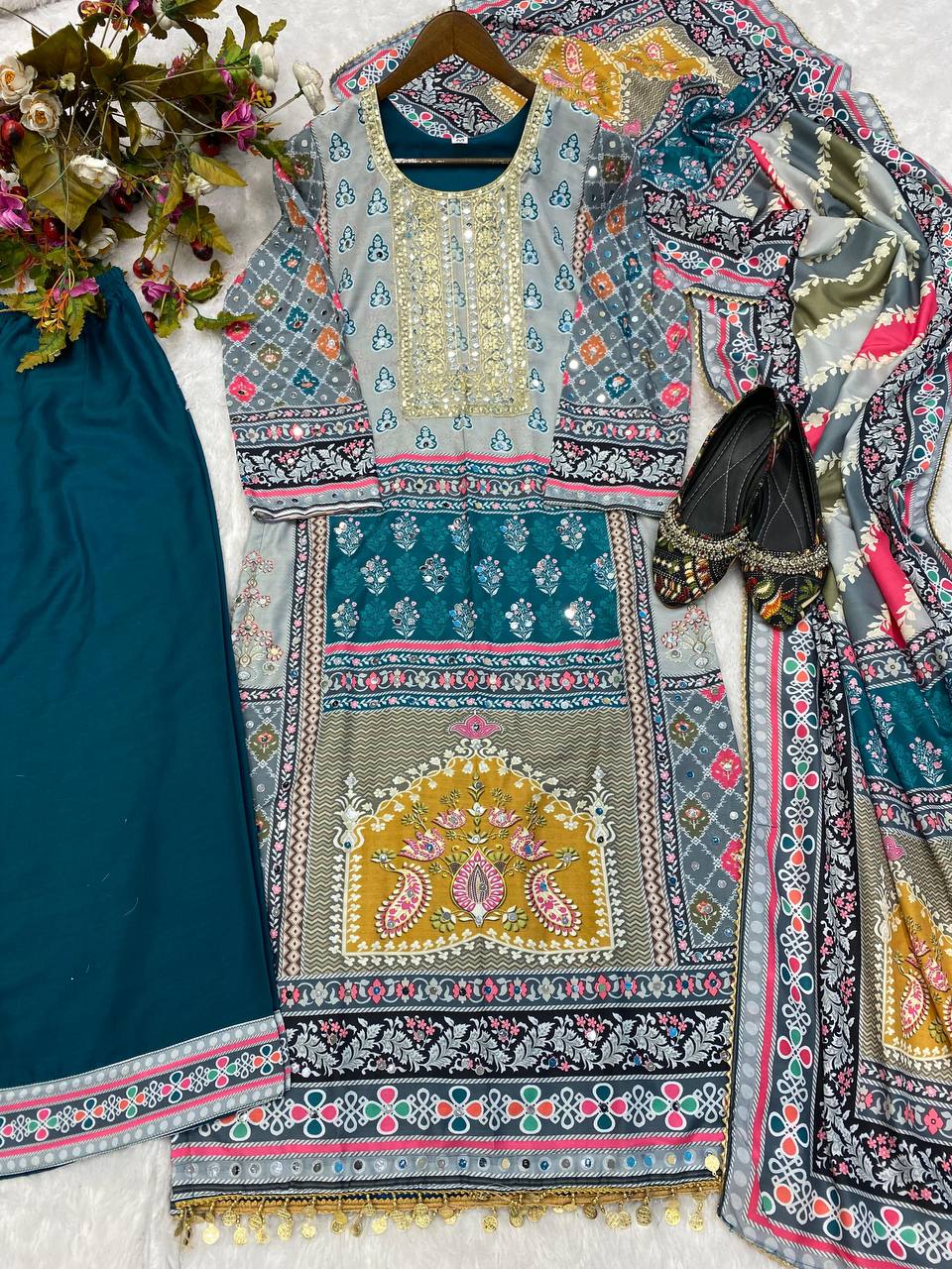 Opulent Embroidery Work Multi Print Teal Blue Color Palazzo Suit