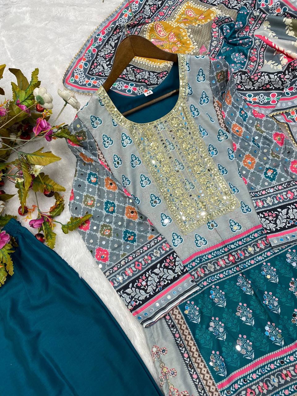 Opulent Embroidery Work Multi Print Teal Blue Color Palazzo Suit
