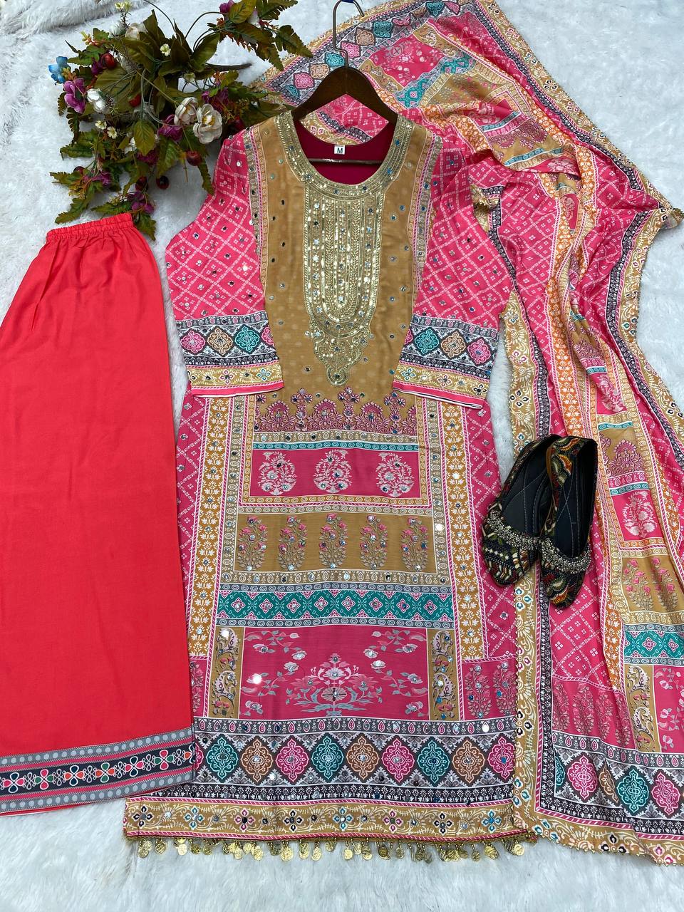 Opulent Embroidery Work Multi Print Pink Color Palazzo Suit