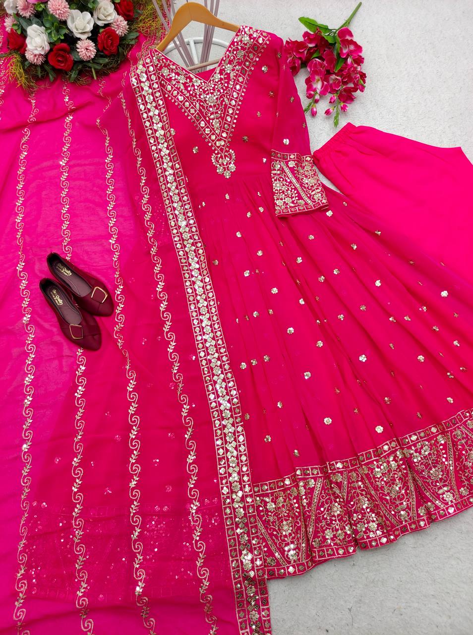Outstanding Pink Color Sequence Work Gown