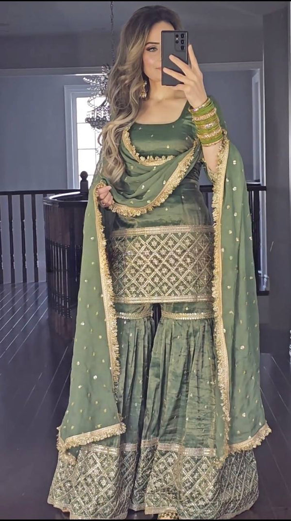 Glorious Sequence Work Pista Green Color Sharara Suit