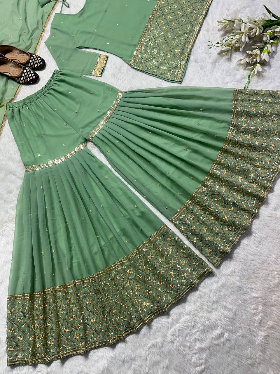 Glorious Sequence Work Pista Green Color Sharara Suit
