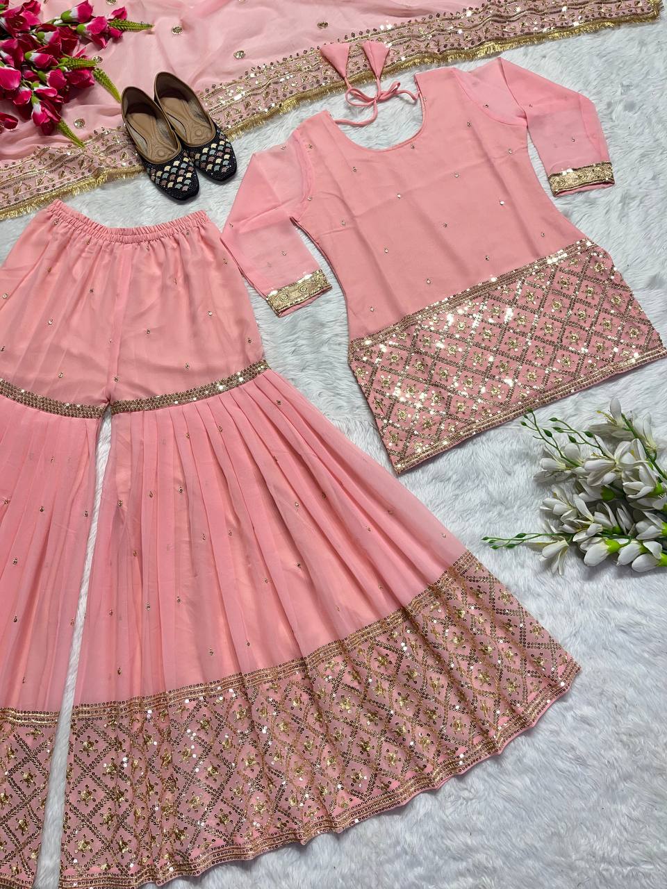 Glorious Sequence Work Peach Color Sharara Suit