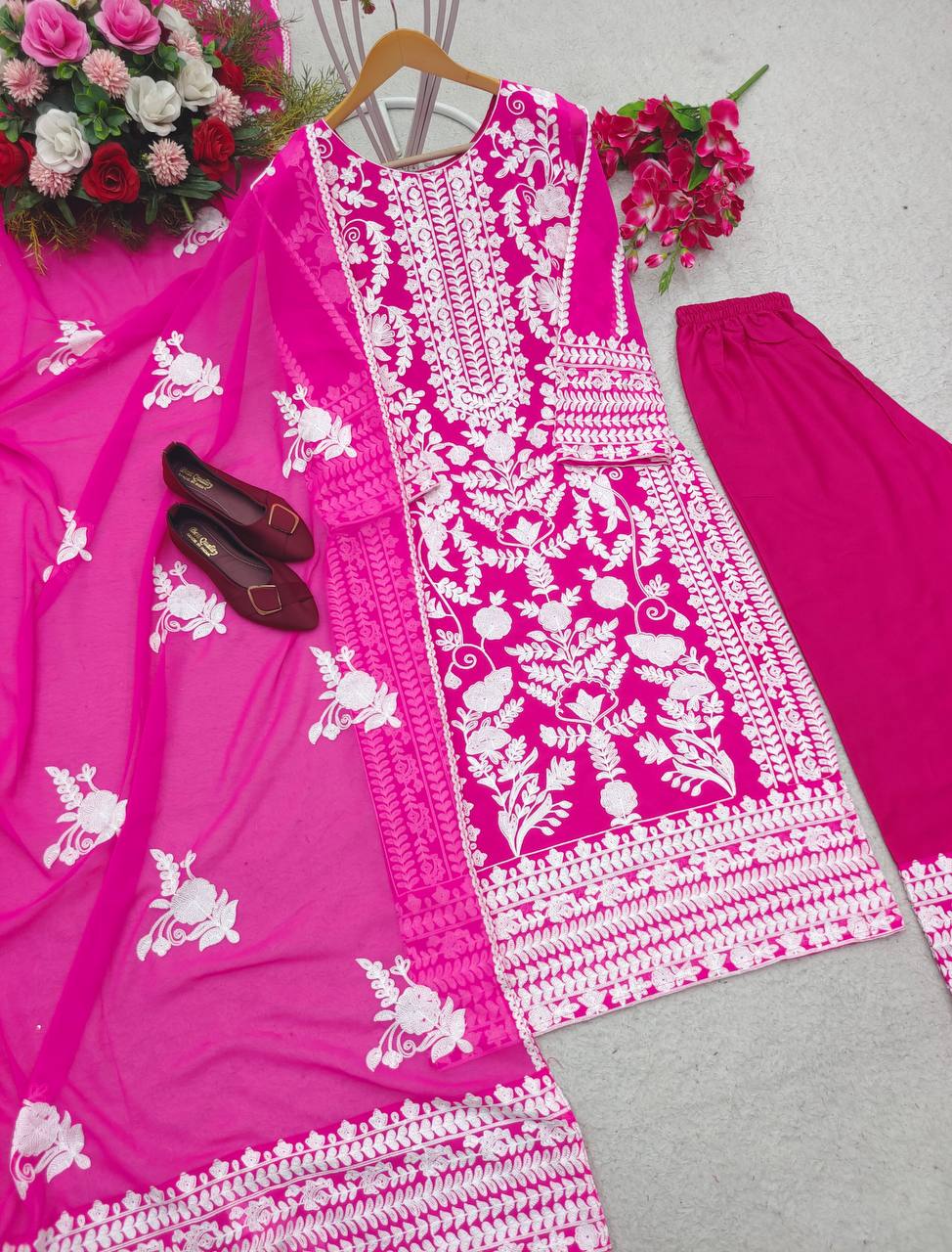 Alluring Pink Color Thread Embroidery Work Salwar Suit