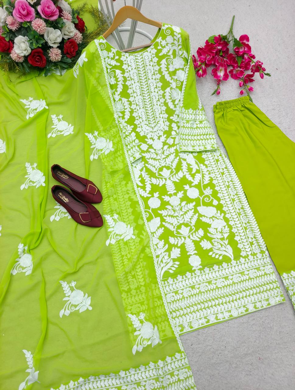 Alluring Green Color Thread Embroidery Work Salwar Suit