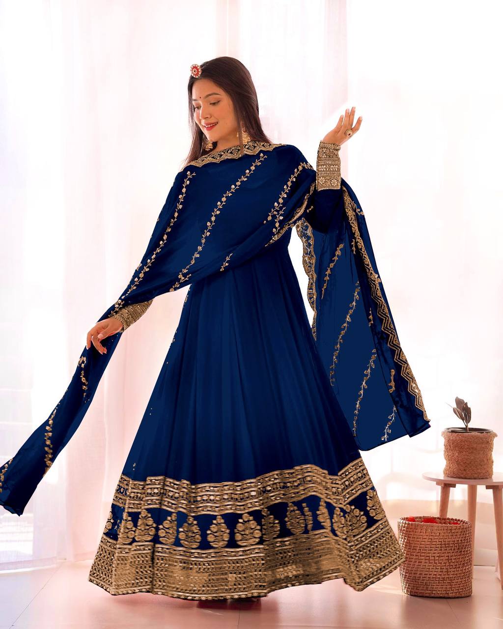 Superhit Blue Color Embroidery Work Wedding Gown