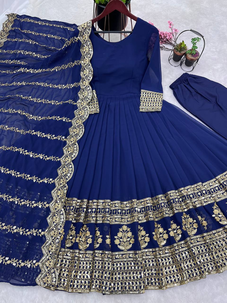 Superhit Blue Color Embroidery Work Wedding Gown