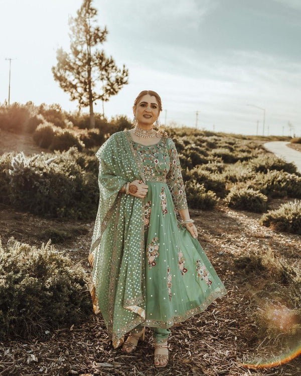 Fabulous Thread Work Pista Green Anarkali Gown