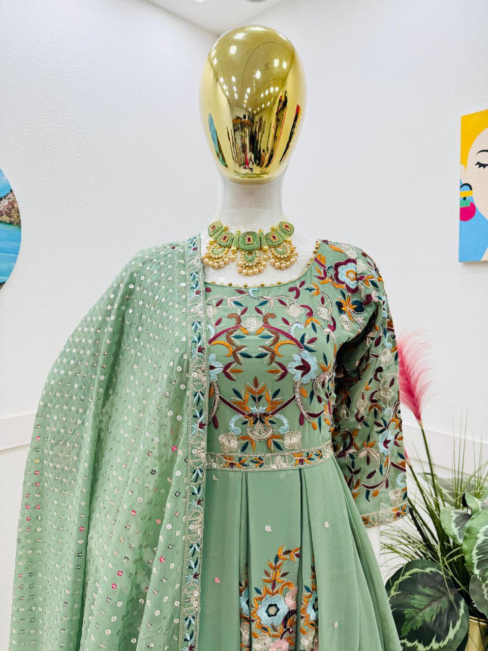 Fabulous Thread Work Pista Green Anarkali Gown