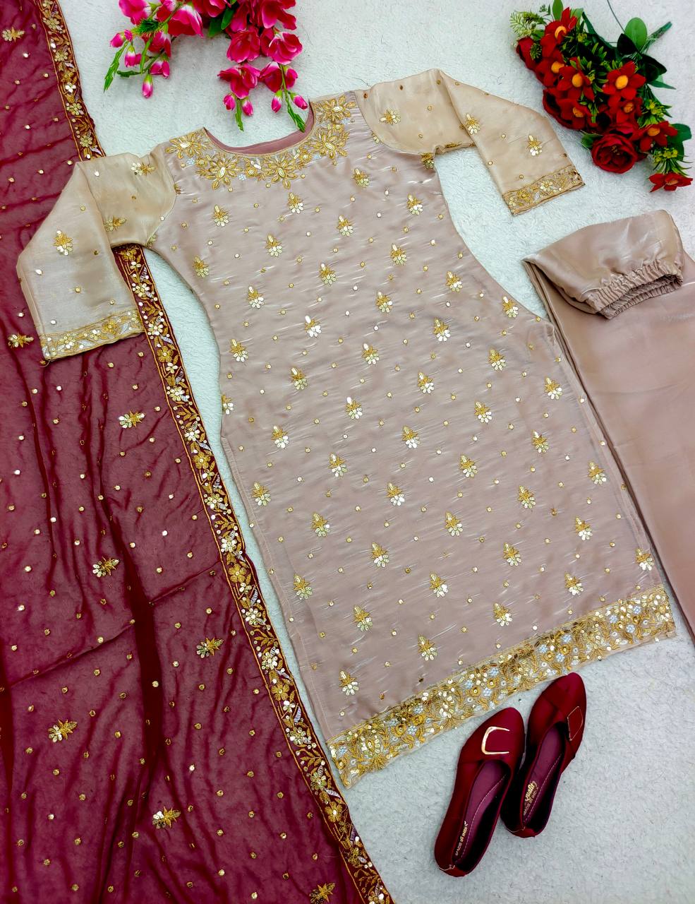 Pretty Embroidery Work Beige Color Salwar Suit