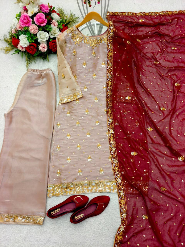 Pretty Embroidery Work Beige Color Salwar Suit