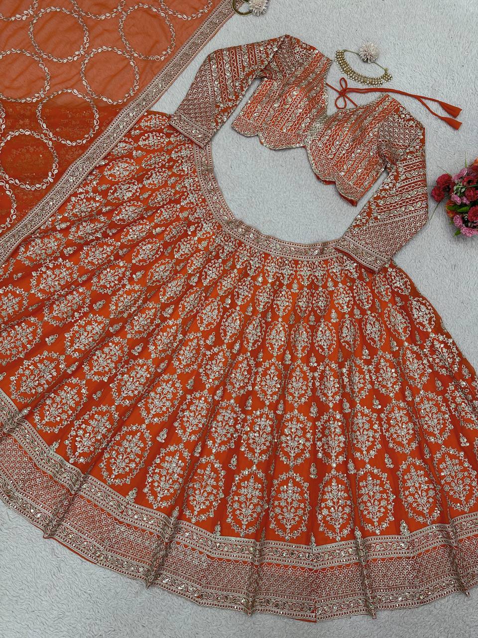 Heavy Work Orange Color Bridal Wear Lehenga Choli