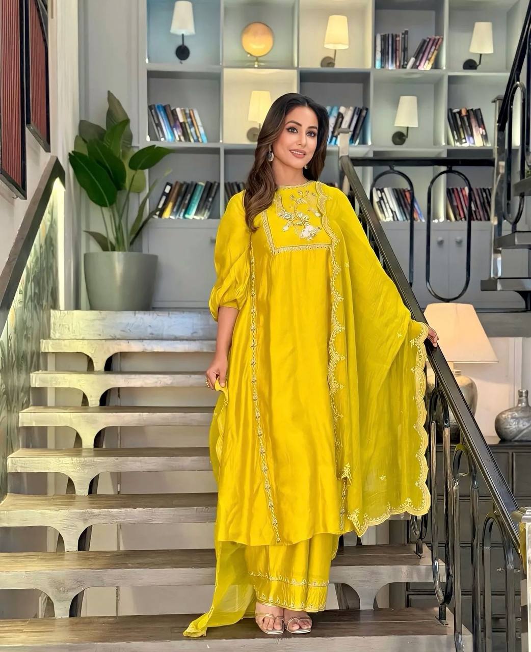 Bollywood Style Yellow Color Hina Khan Wear Palazzo Suit