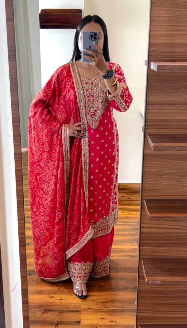 Pink Color Work Palazzo Suit With Bandhani Dupatta