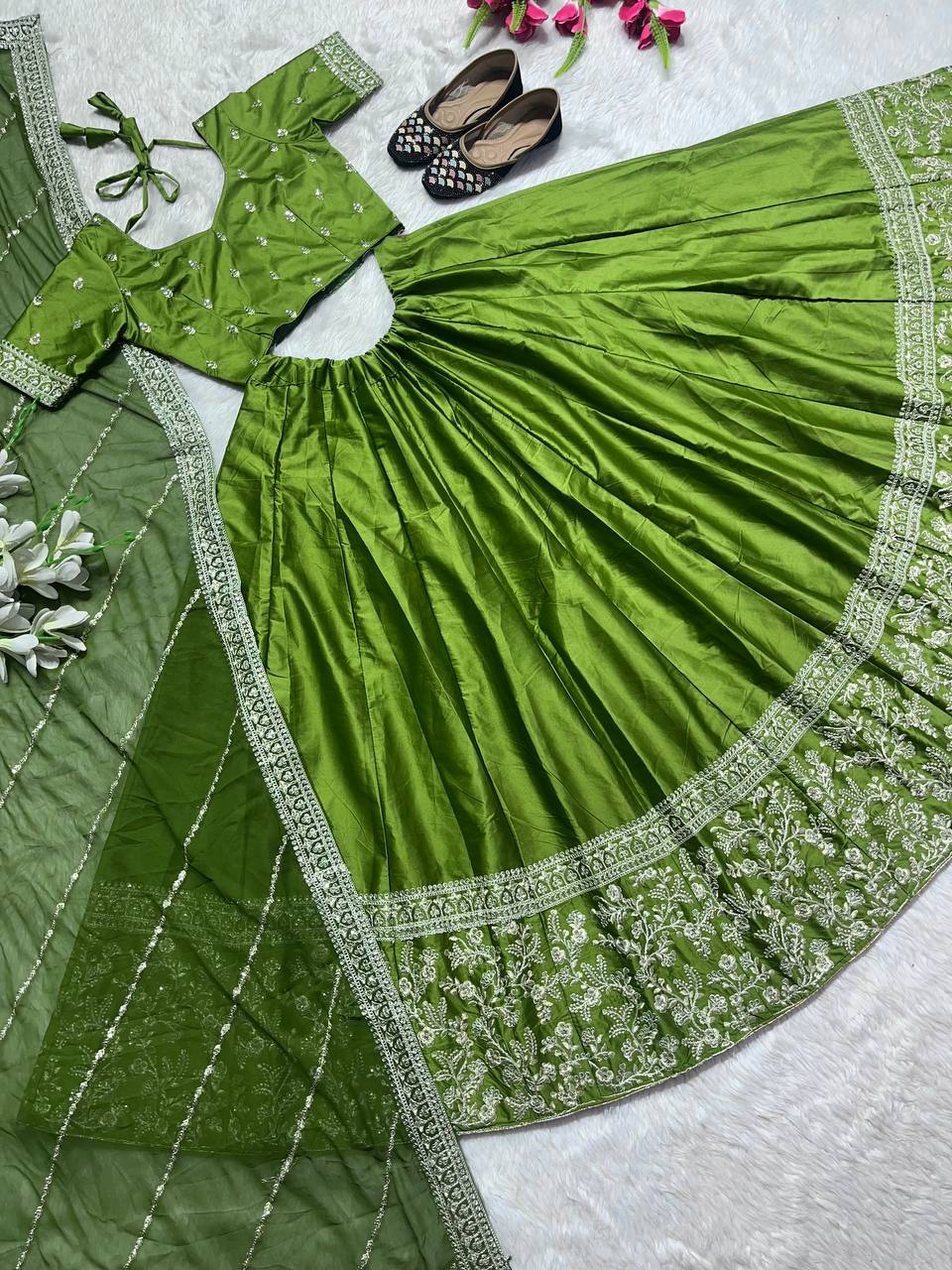 Good Looking Parrot Green Color With Work Lehenga Choli