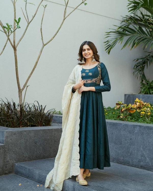 Kinjal Dave Wear Teal Blue Color Gown With Dupatta