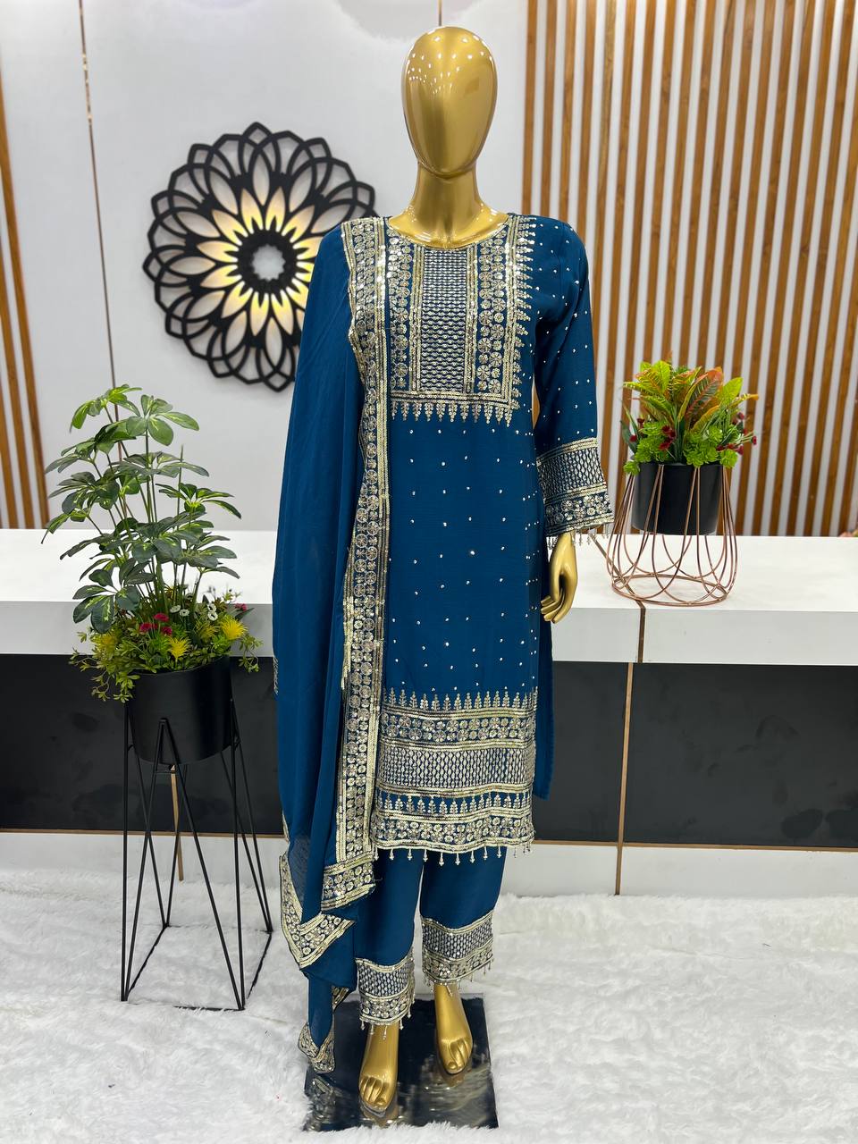 Outstanding Teal Blue Color With Work Salwar Suit