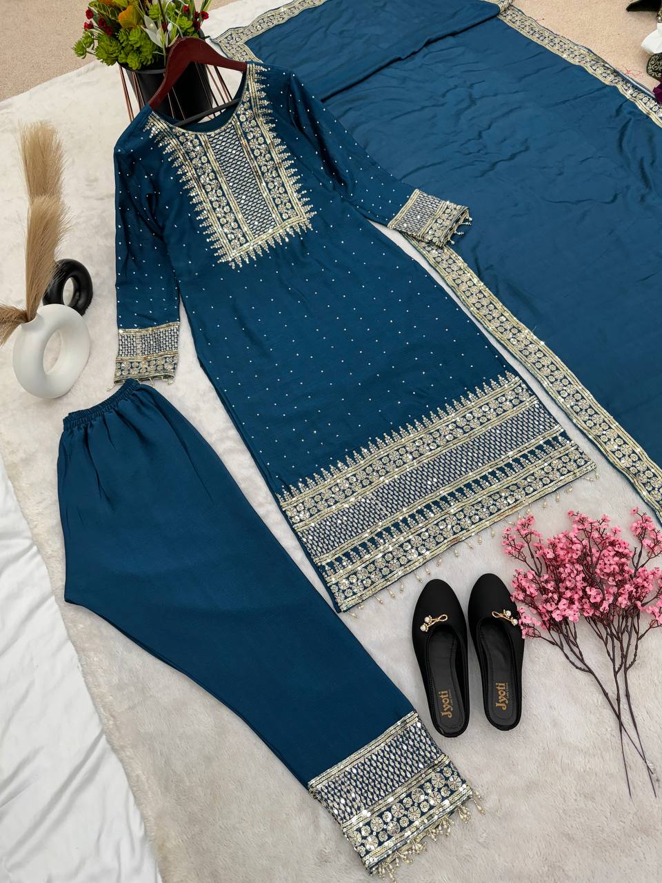 Outstanding Teal Blue Color With Work Salwar Suit