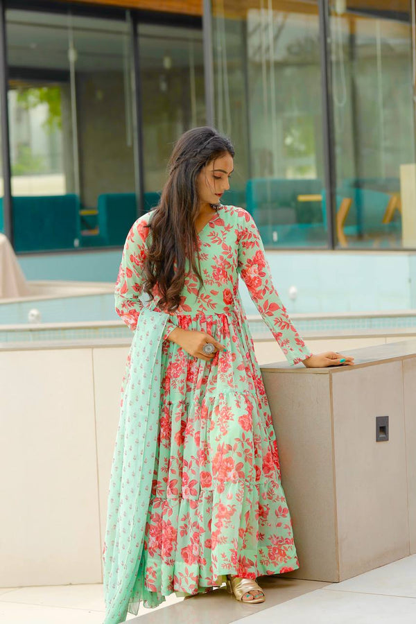 Exclusive Pista Color Digital Printed Anarkali Gown
